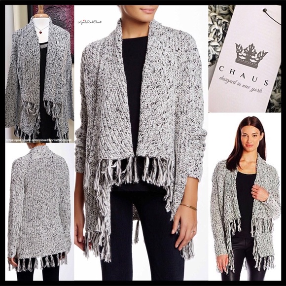 Chaus Sweaters - CHAUS LONG TASSEL FRINGE SHAWL CARDIGAN